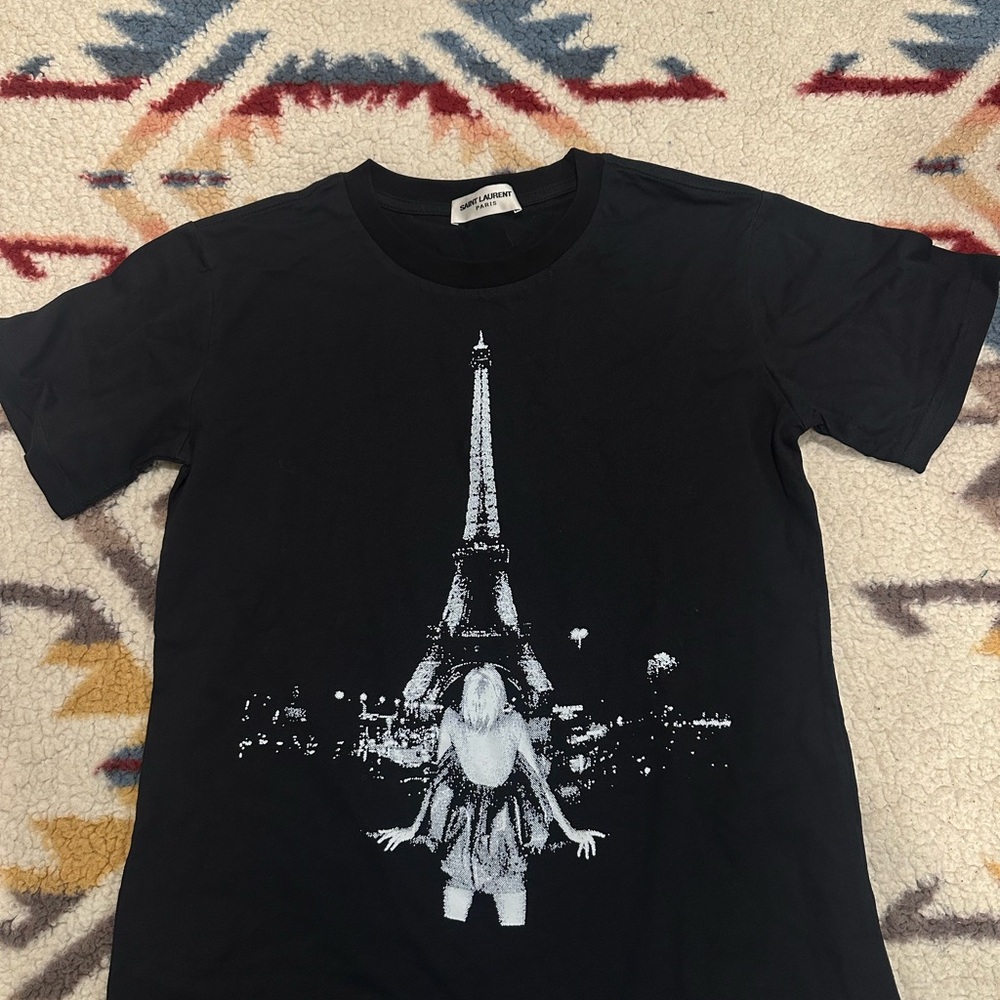 Saint Laurent Black Tee with White Eiffel Tower Graphic